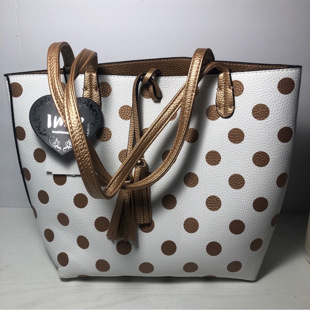 NWT Imoshion USA Vegan Leather Tote Bag Polka dot White /Gold Reversible